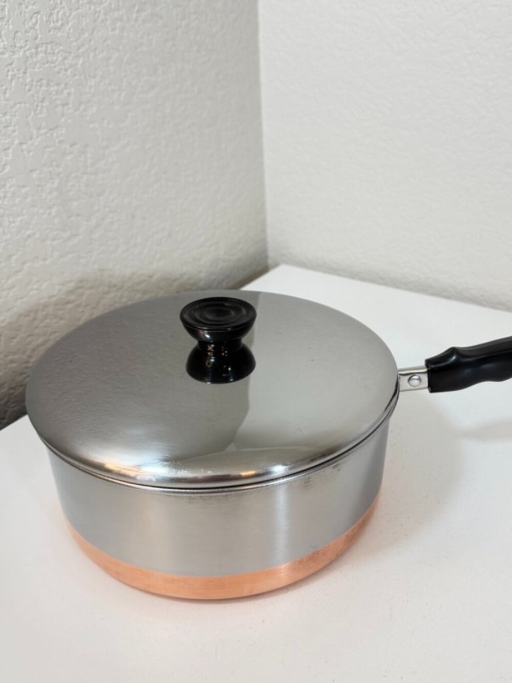Vintage B.Y. Korea 3-Quart Copper Bottom Saucepan Stainless Steel w/ Lid GUC